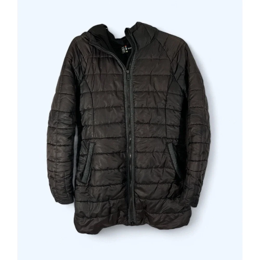 SmartWool Jacket Women LARGE Black Parka Wool Fill Coat Hooded Puffer Winter